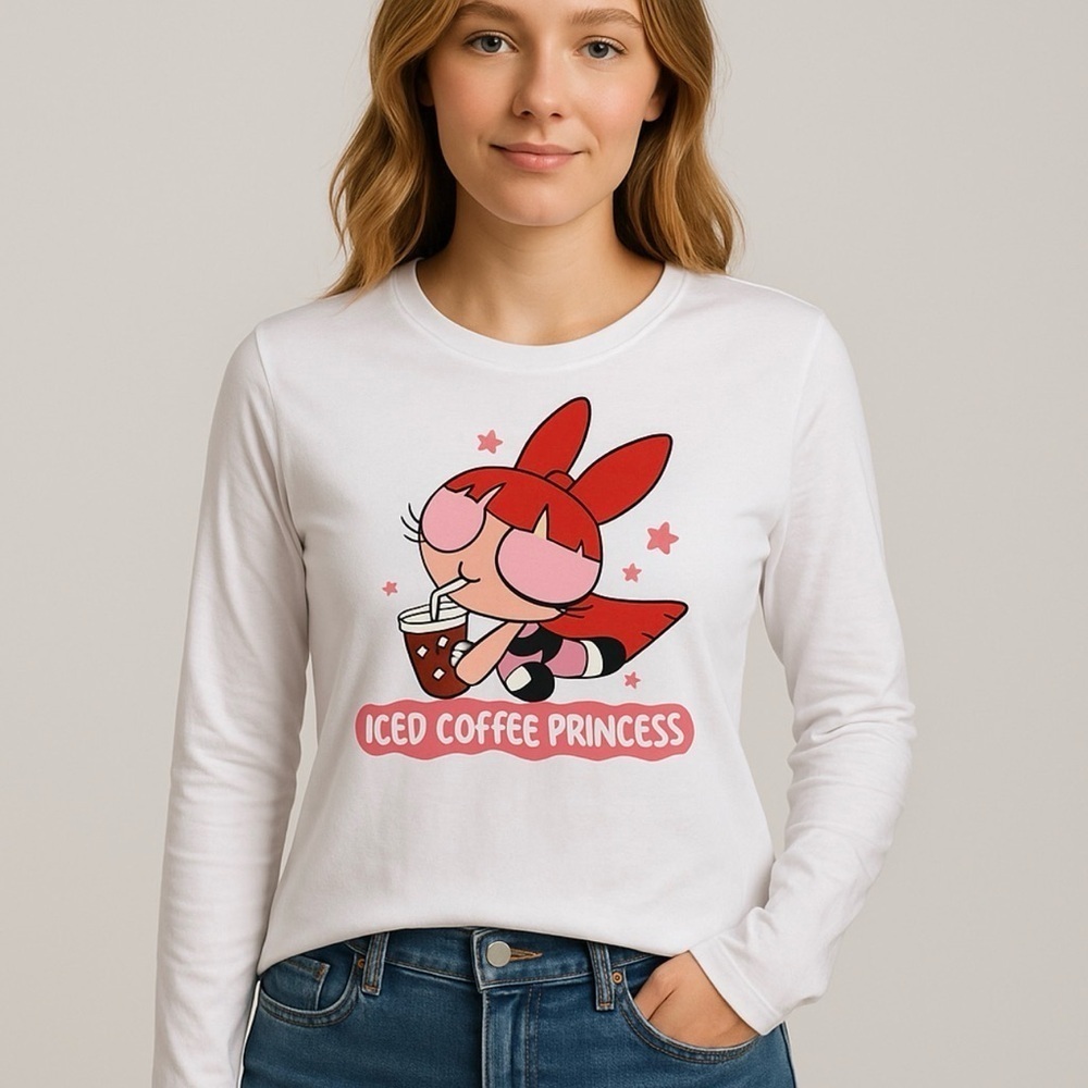 Iced Coffee Princess Graphic Long Sleeve Tee White Cotton Size M - Picture 1 of 7